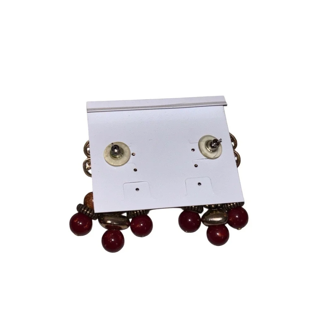 Vintage Style Burgundy Cabochon Filigree Drop Earrings Antique‎ Gold Tone Boho